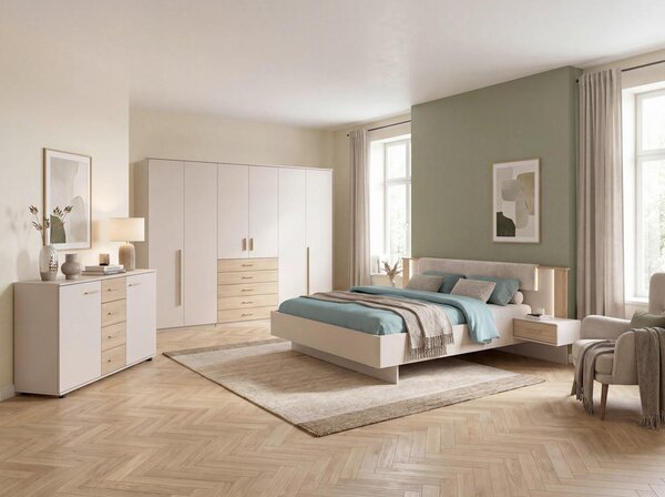 POSTELJNA GARNITURA 180 cm x 200 cm , leseni material barve hrasta, kašmir