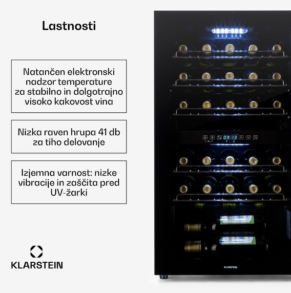 Klarstein Shiraz 29 Duo, vinoteka, 2 coni, 80 l/29 steklenic, 5 – 22 °C, na dotik, črna