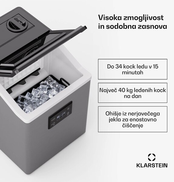 Klarstein FrostMaster, ledomat, 40 kg ledenih kock na dan, ohišje iz nerjavečega jekla, zaslon LED, vključno z zajemalko za led