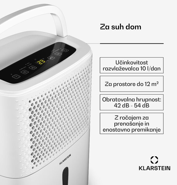 Klarstein DryFy 10L razvlaževalnik zraka, 10 l/dan, 20-30m², 80 m³/h, časovnik, rezervoar za vodo, mobilni