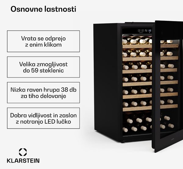Klarstein Rhone 59 Uno hladilnik za vino, 59 steklenic, LED nadzor, potisni za odpiranje, tih