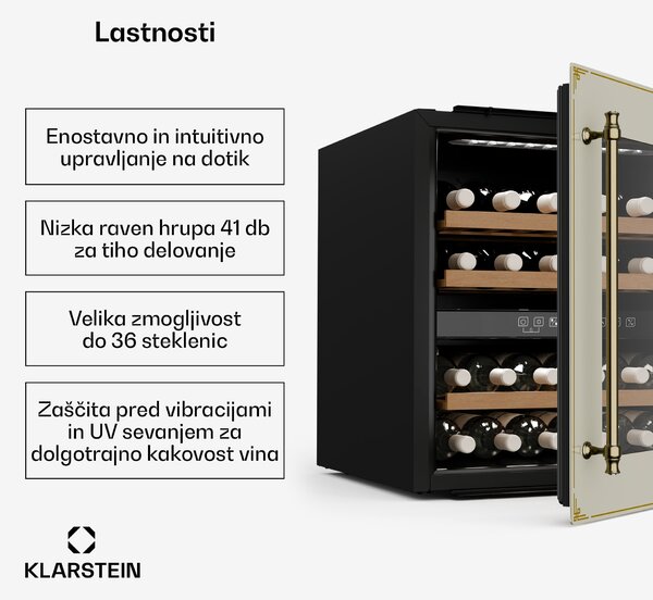 Klarstein Vinsider Victoria 36 hladilnik za vino, 36 steklenic, na dotik, UV zaščita, LED, tih, 3 police