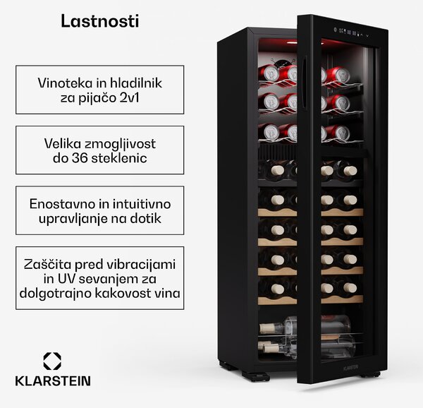 Klarstein Bovella 36 Duo+ hladilnik za vino, 2 v 1, 36 steklenic, 2 coni, 7 polic, Nadzor na dotik
