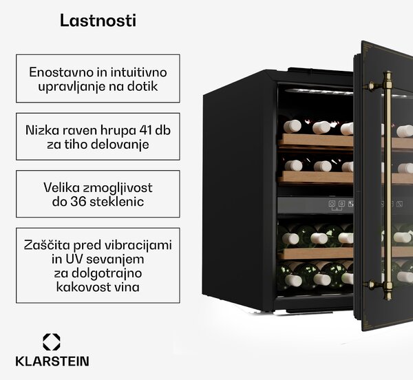 Klarstein Vinsider Victoria 36 hladilnik za vino, 36 steklenic, na dotik, UV zaščita, LED, tih, 3 police