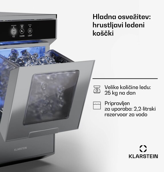 Klarstein Ice Galet, ledomat za izdelavo drobljenega ledu, 20 kg/24 h, Auto-Clean, 2,2-litrski rezervoar za vodo