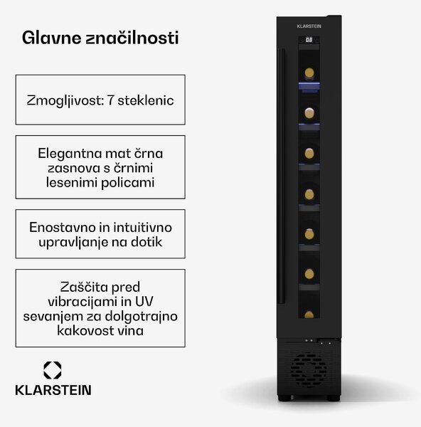 Klarstein Vinovilla 7 Uno hladilnik za vino, 1 območje hlajenja, 7 steklenic, lesene police, 5-18 °C