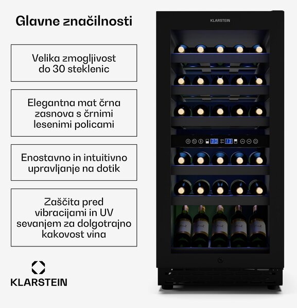 Klarstein Vinovilla 30 Duo hladilnik za vino, 2 hladilni coni, 30 steklenic, lesene police, 5-18 °C