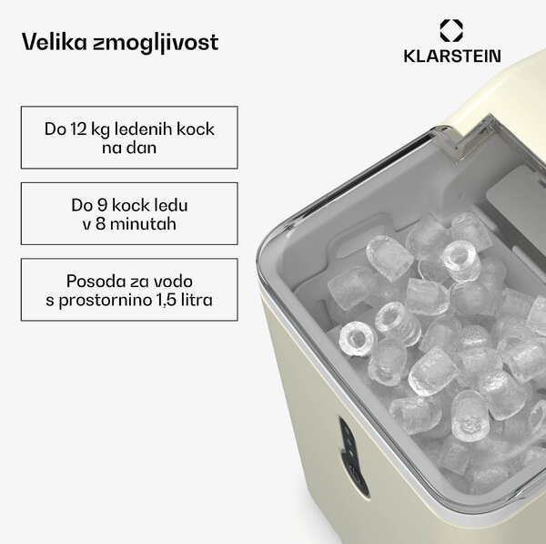 Klarstein ChillOut ledomat, 12 kg/dan, 9 kock ledu v 8 minutah, 120 W, rezervoar za vodo