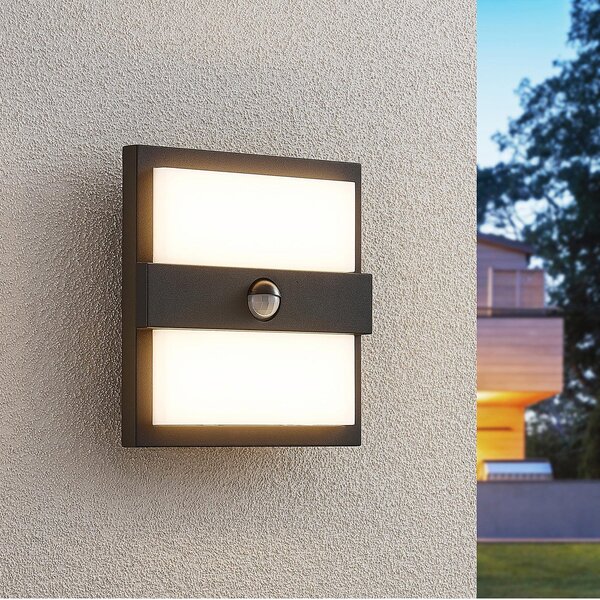 Lucande LED zunanje stensko svetilo Gylfi, 20 cm, črno, senzor, Črna, Kovina, Sodobni