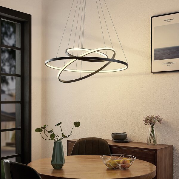Lucande LED-visoka svetilka Ezana, črna, kovina, Ø 80 cm, zatemnjen, Črna, Dnevna soba / jedilnica, Kovina, Sodobni