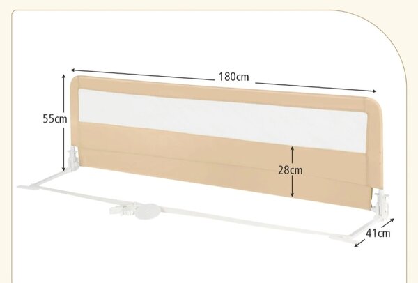 180 cm bež dolga zložljiva ograja za posteljo z varnostnimi pasovi, zložljiva za 180°