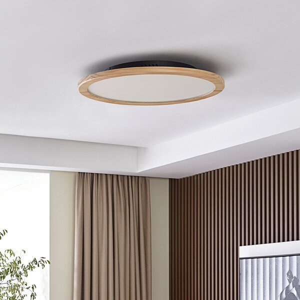 Lucande LED stropna svetilka Joren, Ø 48 cm, les, CCT, daljinski, zatemnjen, Les, Dnevna soba / jedilnica, Les, Podeželska hiša / Rustikalna