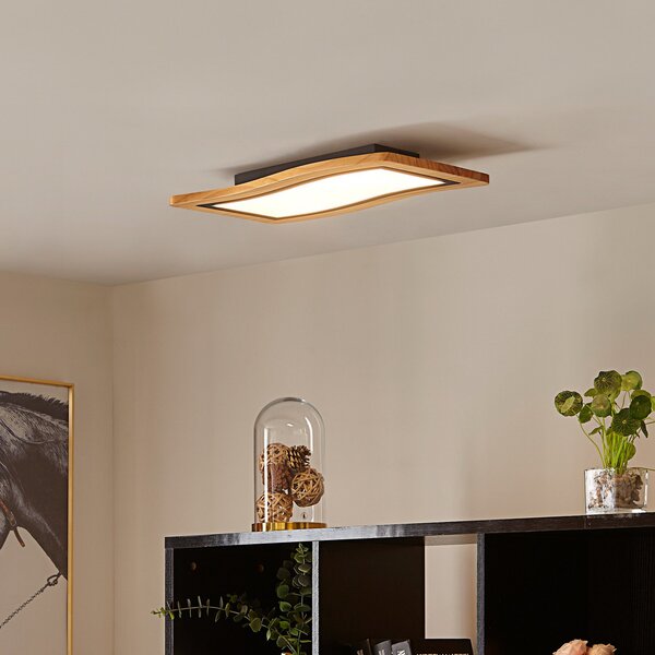 Lucande LED-stropna svetilka Joren, dolžina 46 cm, les, 3.000 K, zatemnjen, Les, Dnevna soba / jedilnica, Les, Podeželska hiša / Rustikalna