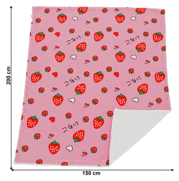 KONDELA Dvostranska topla odeja, roza/vzorec z jagodami, 150 x 200 cm, MIDAS TIP1