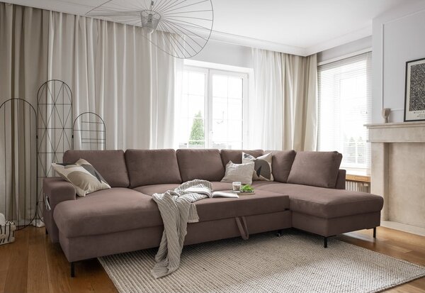 Rjava raztegljiva kotna sedežna garnitura iz rebrastega žameta (desni kot) Lofty Lilly – Miuform
