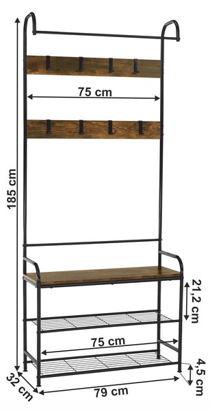 KONDELA Obešalnik s prostorom za čevlje, črna kovina/MDF rustikalni les, KELAM