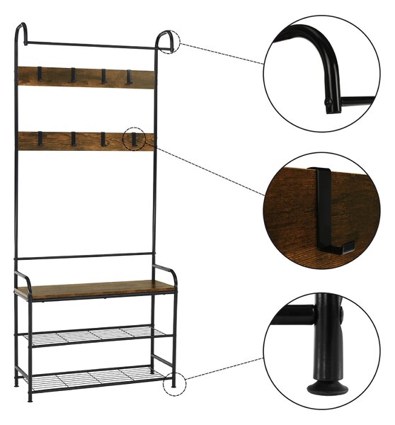 KONDELA Obešalnik s prostorom za čevlje, črna kovina/MDF rustikalni les, KELAM