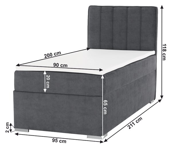 KONDELA Boxspring postelja 90x200, enojna, siva, desna, AMIS