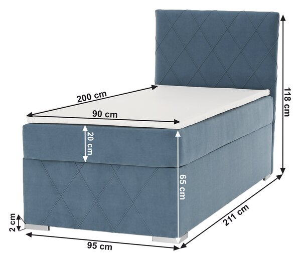 KONDELA Boxspring postelja 90x200, enojna, modra, desna, PAXTON