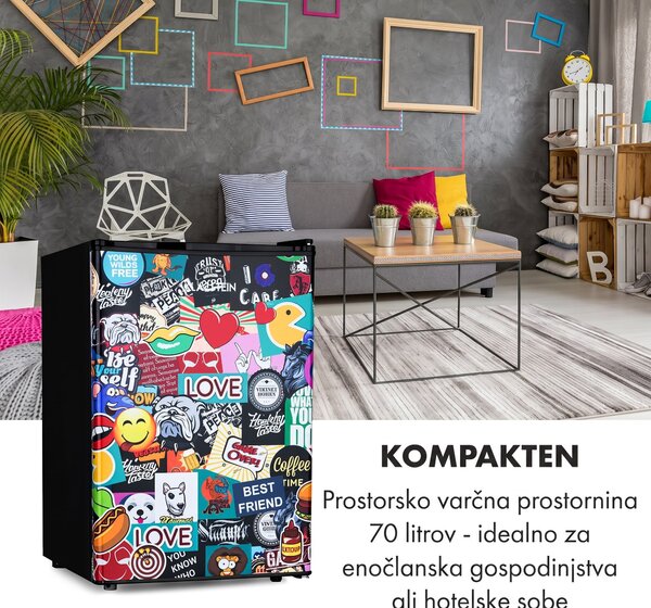 Klarstein Cool Vibe 70+, hladilnik, 72 l, 2 polici, stil Stickerbomb