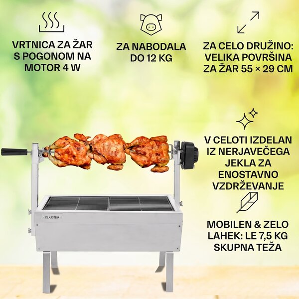 Klarstein Sauenland Mini, vrtljiv žar z ražnjem, vrtljiv raženj, 4 W, 12 kg max., nerjaveče jeklo