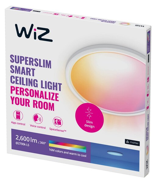 WiZ SuperSlim LED stropna svetilka RGBW Ø42cm bela, zatemnjen, Bela, Dnevna soba / jedilnica, Plastika, Sodobni