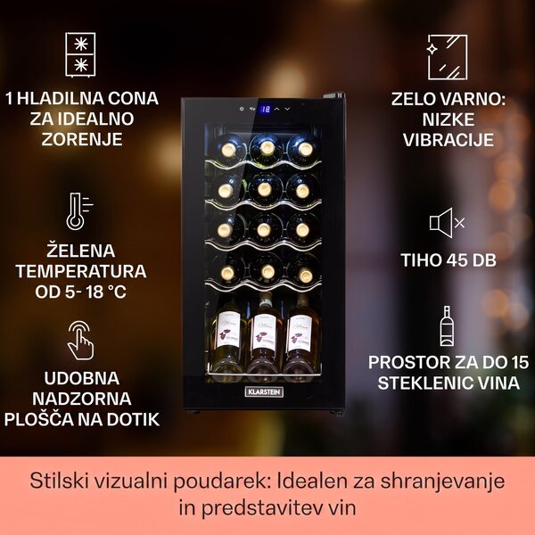 Klarstein Shiraz 15 Slim Uno, hladilnik za vino, 44 l, na dotik, 135 W, 5 – 18 °C, črn
