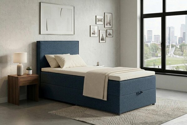 POSTELJA Z VZMETNICO 100 cm x 200 cm , tekstil, leseni material temno modra