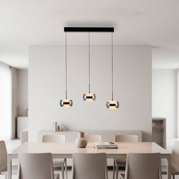 Paul Neuhaus LED-visoka svetilka Fumea, dolžina 71 cm, črna/dimna, steklo, CCT, 3-žarnica, zatemnjen, Siva, Dnevna soba / jedilnica, Steklo