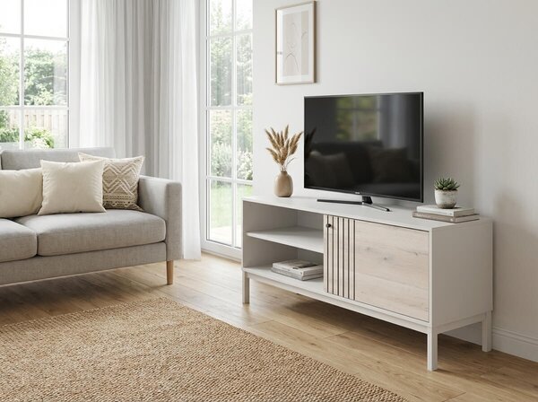 AKCIJA TV omarica FROST 120x40 cm bela, alpski hrast dekor II. kvaliteta