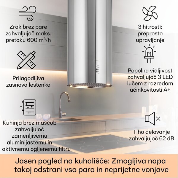Klarstein Bolea, otočna kuhinjska napa, Ø38cm, način recirkulacije/odsesavanja zraka, 651m³/h, LED, vključno s filtri z aktivnim ogljem