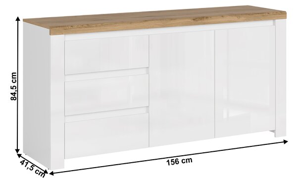 KONDELA Komoda 2D3S, bela/hrast wotan, visoki sijaj, VILGO