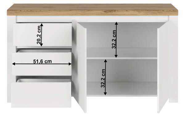 KONDELA Komoda 2D3S, bela/hrast wotan, visoki sijaj, VILGO