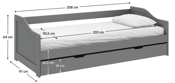 KONDELA Postelja z izvlečnim dodatnim ležiščem, siva, masivni les, 90x200, LAURA NEW
