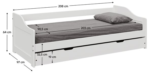 KONDELA Postelja z izvlečnim dodatnim ležiščem, bela, masivni les, 90x200, LAURA NEW