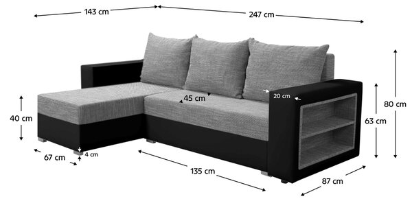 KONDELA Zložljiva sedežna garnitura s polico, črno/sivi poudarki, leva postavitev, MERAK ROH