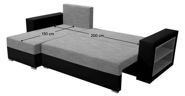 KONDELA Zložljiva sedežna garnitura s polico, črno/sivi poudarki, leva postavitev, MERAK ROH