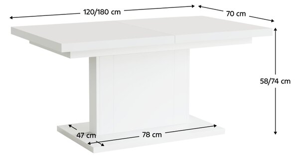 KONDELA Raztegljiva jedilna/klubska miza, mat bela, 120-180x70 cm, OLION