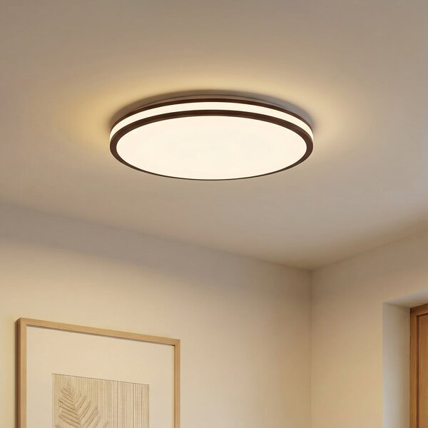 Lindby LED-stropna svetilka Emiva, premer 50 cm, temno leseno, CCT, zatemnjen, Les, Dnevna soba / jedilnica, Les, Sodobni
