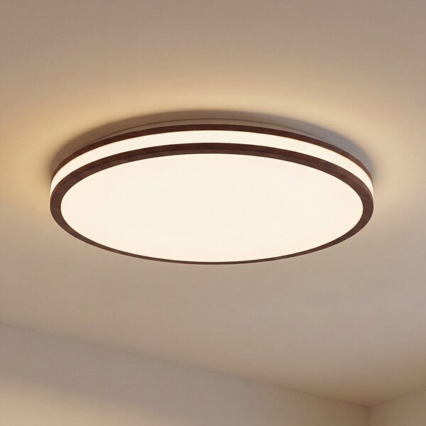 Lindby LED-stropna svetilka Emiva, premer 50 cm, temno leseno, CCT, zatemnjen, Les, Dnevna soba / jedilnica, Les, Sodobni