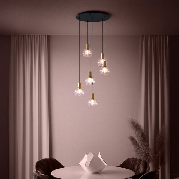Stars of Light LED-visoka svetilka Terque, medenina, premer 54 cm, 6-žarilna, zatemnjen, Zlata / medeninasta, Dnevna soba / jedilnica, Steklo, Sodobni