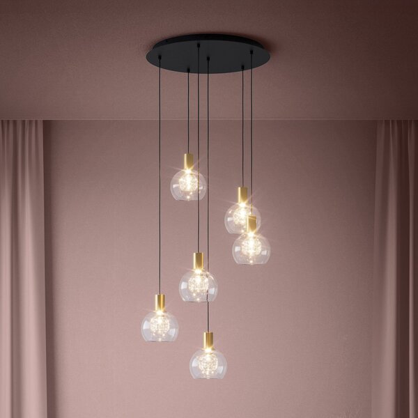 Stars of Light LED-visoka svetilka Terque, medenina, premer 54 cm, 6-žarilna, zatemnjen, Zlata / medeninasta, Dnevna soba / jedilnica, Steklo, Sodobni