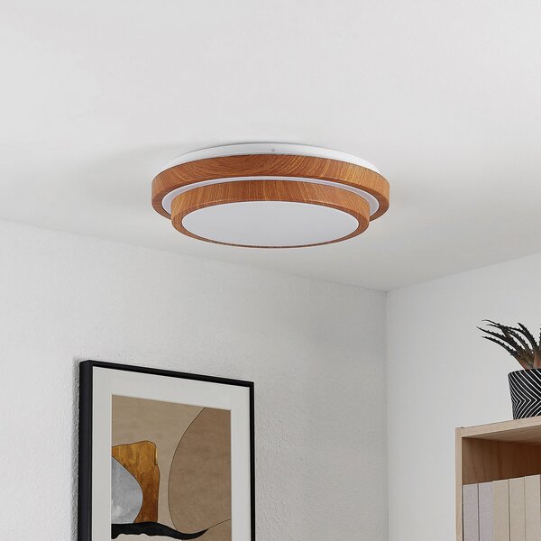 Lindby LED stropna svetilka Vaako, Ø 41 cm, kovina, videz lesa, Les, Študija / pisarna, Plastika, Sodobni