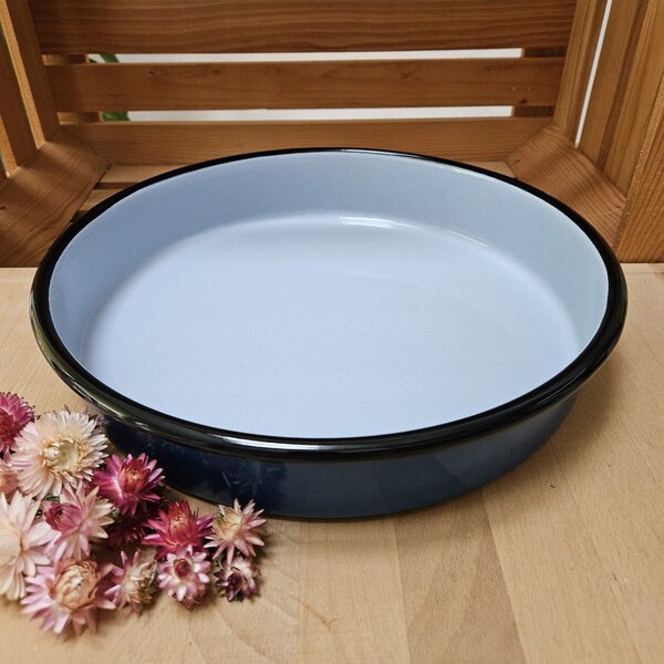 Emajliran okrogli pekač/tepsija. Premer 30 cm, modre barve