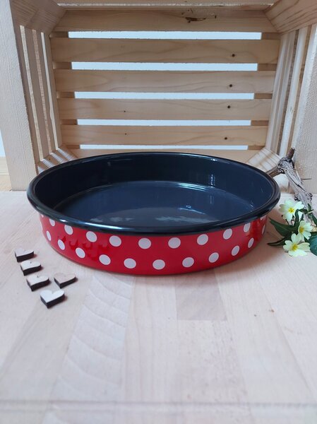 Pekač okrogli rdeč z belimi pikami 30 cm
