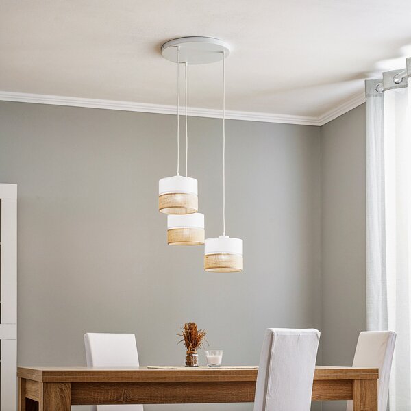 TK Lighting Obesna svetilka Linobianco, okrogla, s tremi žarnicami, zatemnjen, Bela, Dnevna soba / jedilnica, Tkanine / tekstil, Sodobni