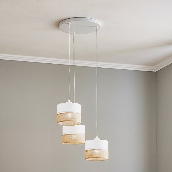TK Lighting Obesna svetilka Linobianco, okrogla, s tremi žarnicami, zatemnjen, Bela, Dnevna soba / jedilnica, Tkanine / tekstil, Sodobni