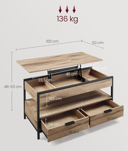 Po višini nastavljiva klubska mizica GASPAR, 50x100x(48–63)cm, camel rjava/črna Vasagle