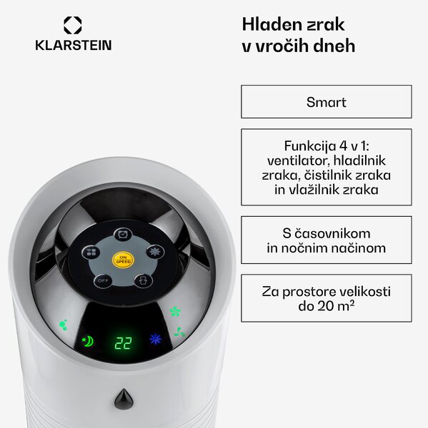 Klarstein Skyscraper Ice 4 v 1, ventilator, hladilec zraka, čistilec zraka, vlažilec zraka, 210 m³/h, 45 W, oscilacija, mobilni, daljinski upravljalnik