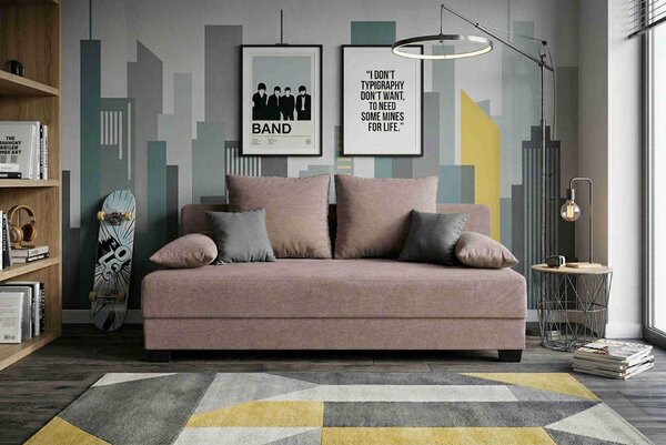 BOXSPRING ZOFA, roza tekstil, leseni material